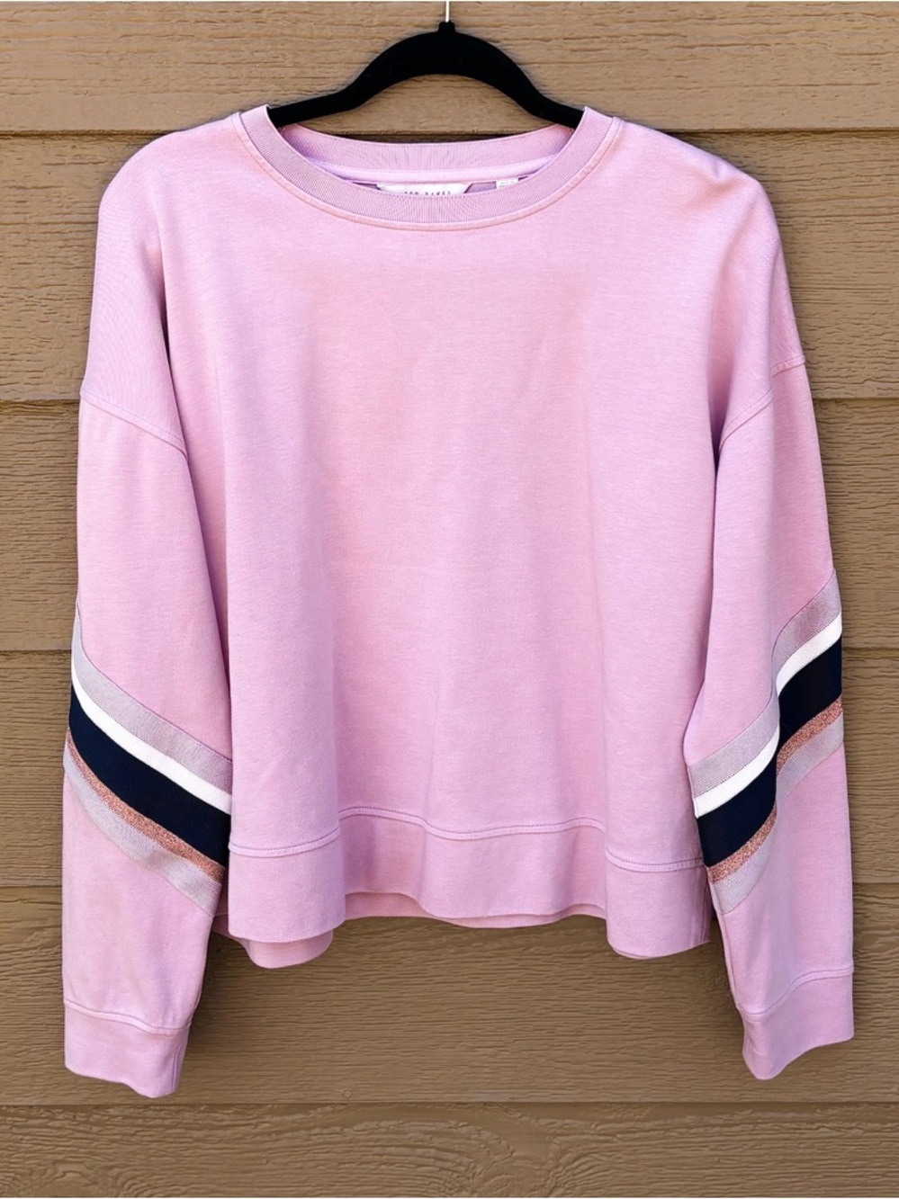 Ted Baker Lavender-Pink Crewneck Sweater w/ Black/White/Shimmer Stripe Sz4 NWOT